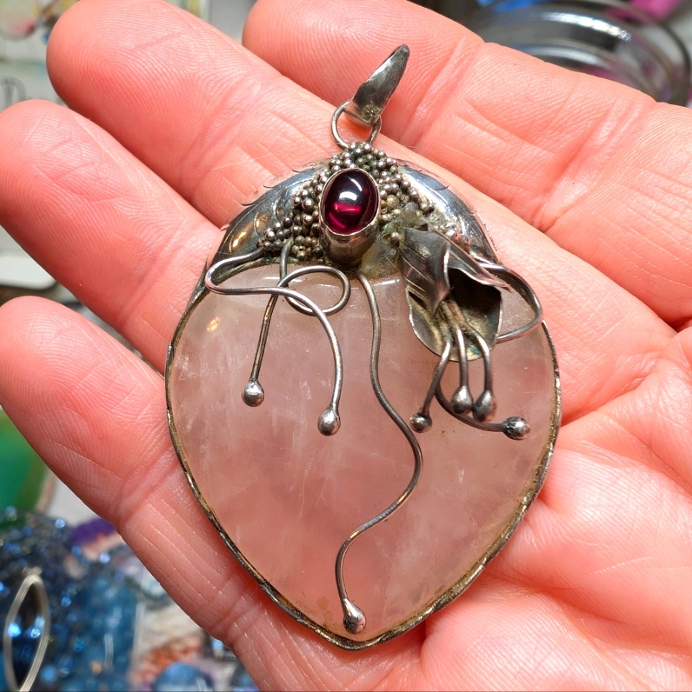 925 Sterling Silver, Garnet And Rose quartz Modernist Pendant